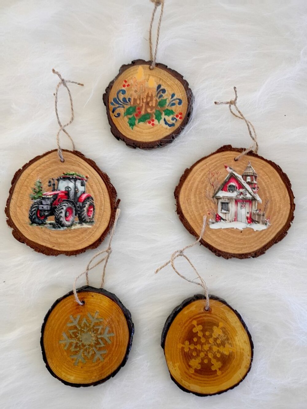 Rustic Christmas Wood Slice Ornaments Set of 5